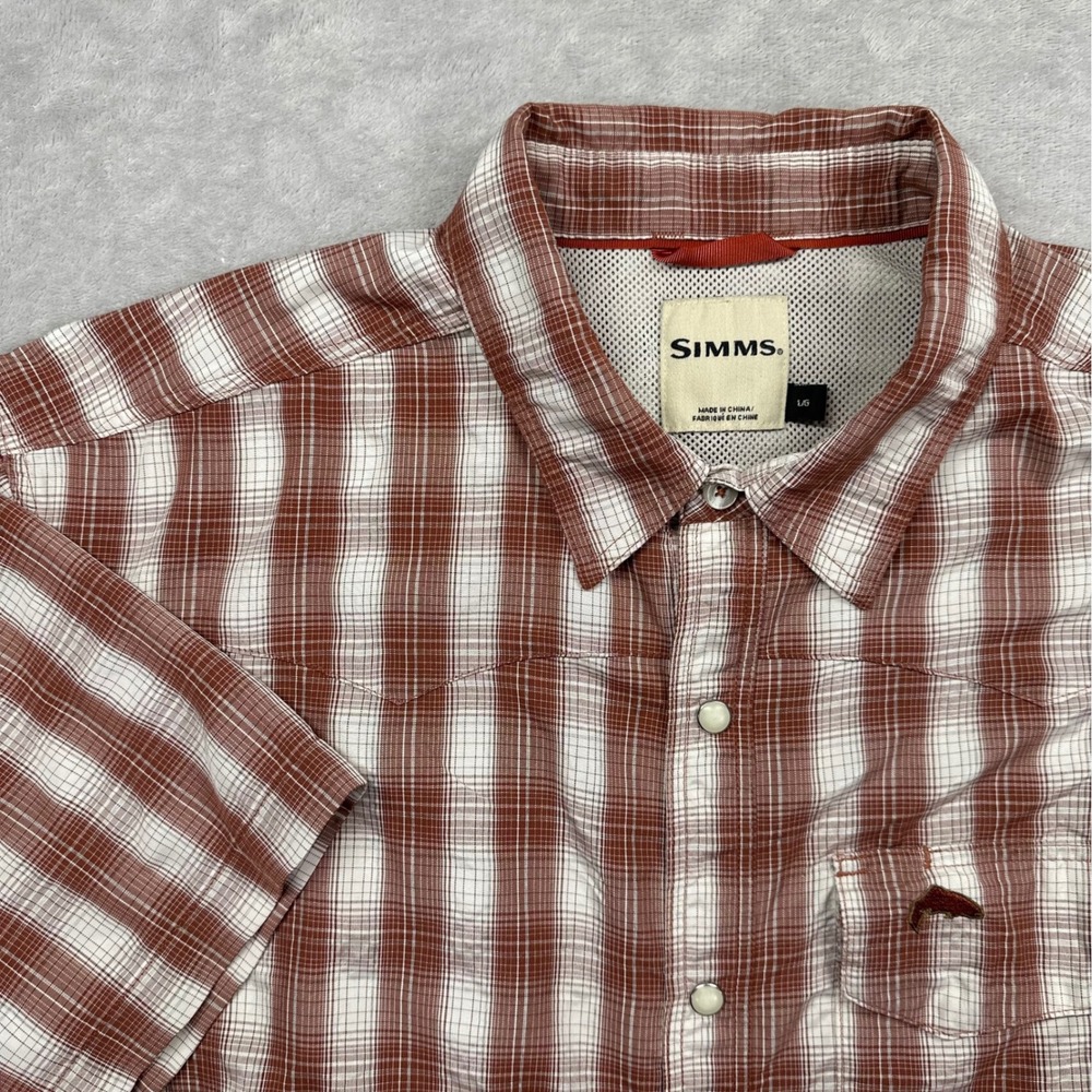 Simms Fishing Shirt Men Large Rust Plaid Short Sleeve Pearl Snap Vented Western